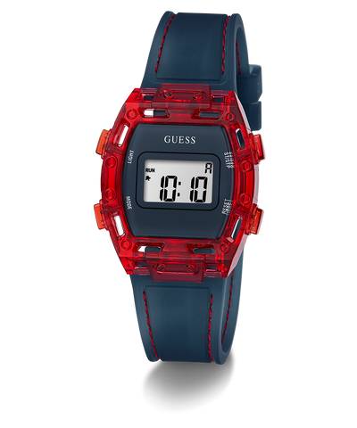 Digital watch with red accents and blue strap on a white background