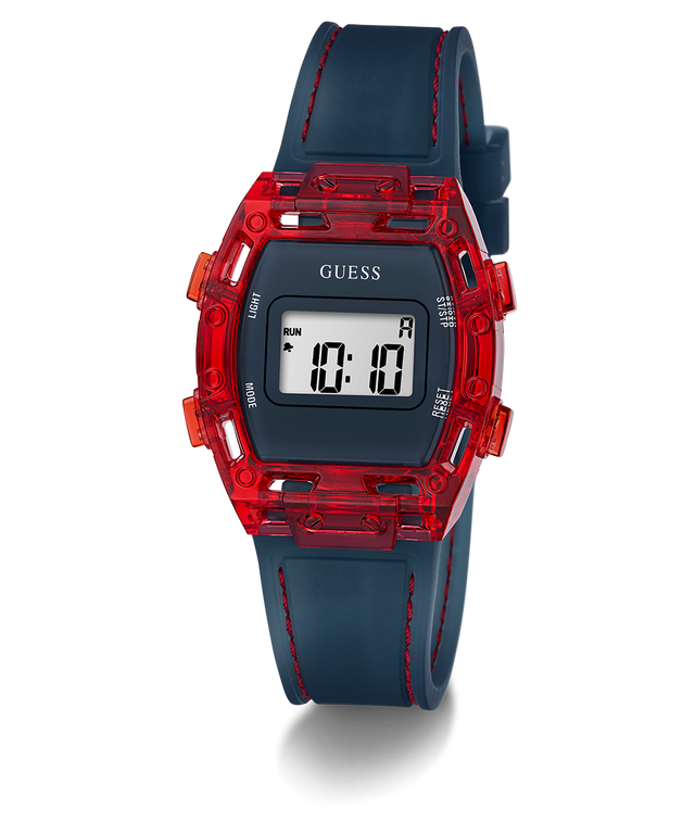 Digital watch with red accents and blue strap on a white background