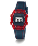 Digital watch with red accents and blue strap on a white background