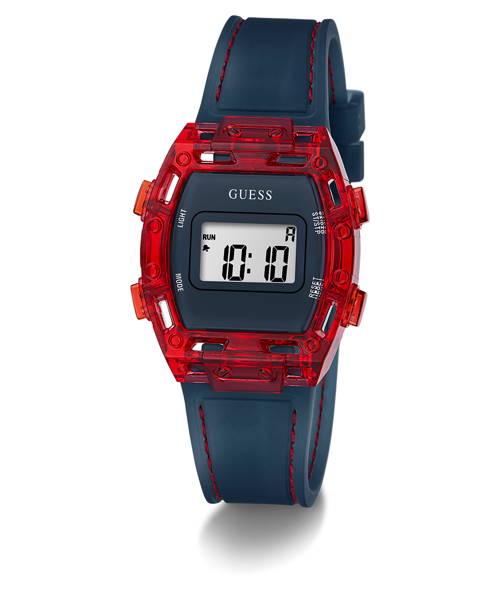 Digital watch with red accents and blue strap on a white background