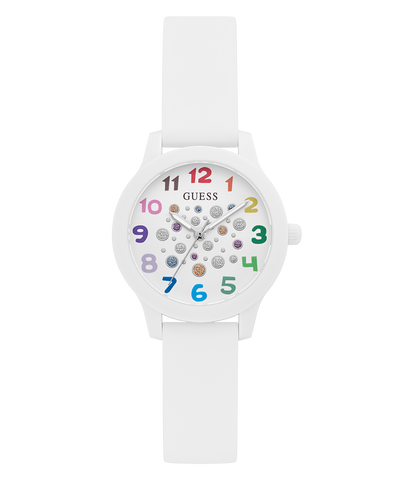White children's watch with colorful numbers and Guess brand on a white background