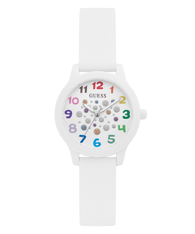 White children's watch with colorful numbers and Guess brand on a white background