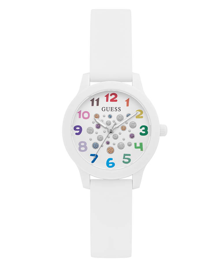 White children's watch with colorful numbers and Guess brand on a white background