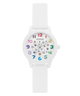 White children's watch with colorful numbers and Guess brand on a white background