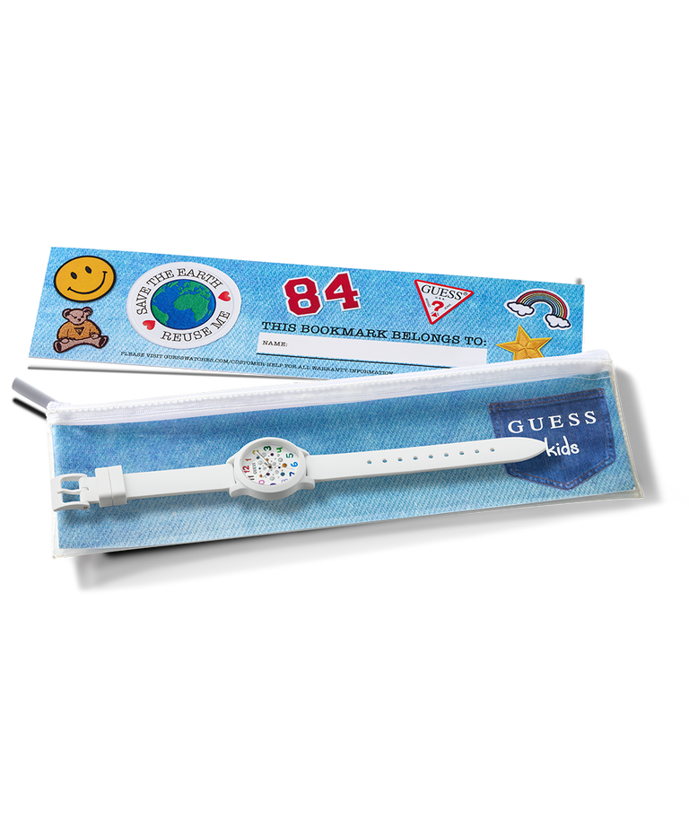 White watch with Guess packaging on a blue packaging background