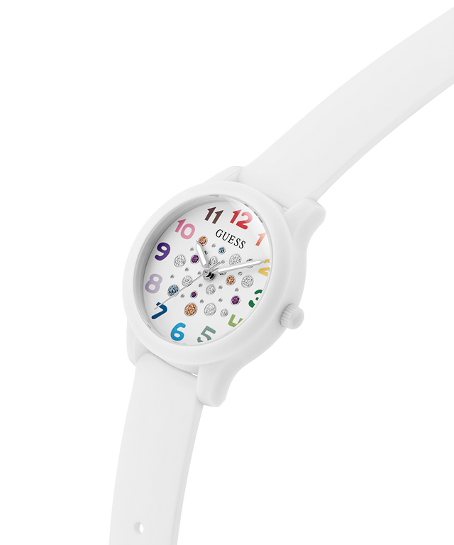 White watch with colorful numbers and Guess branding on a white background lifestyle