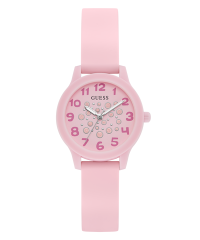 Pink watch with a Guess brand logo on a white background