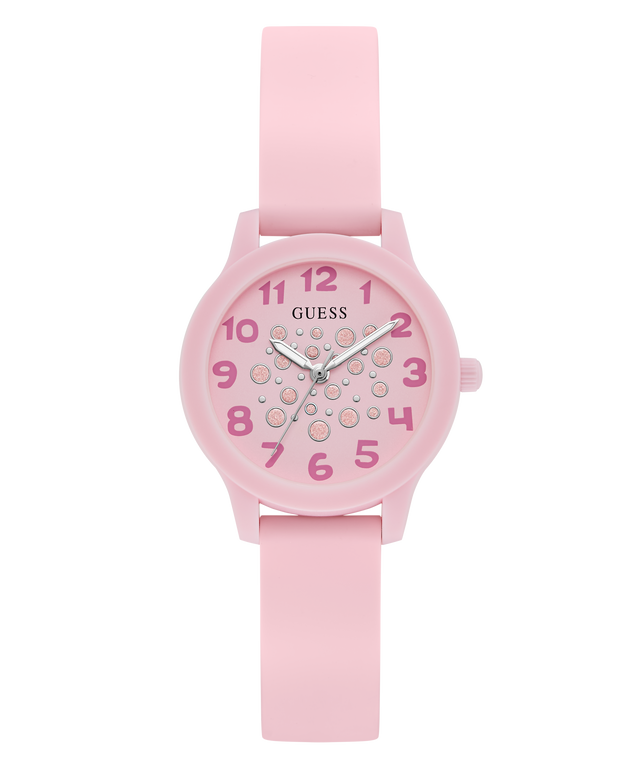 Pink watch with a Guess brand logo on a white background