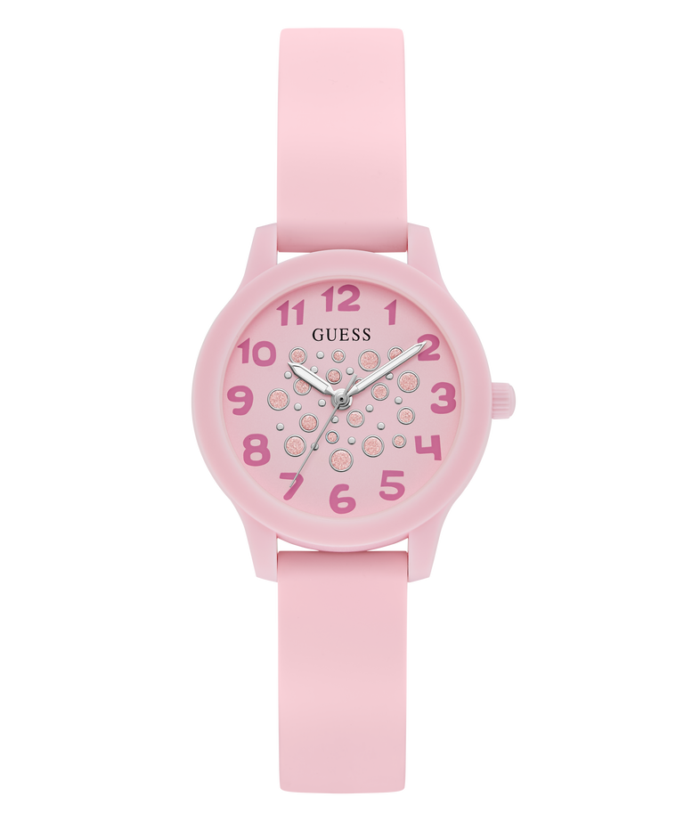 Pink watch with a Guess brand logo on a white background