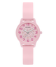 Pink watch with a Guess brand logo on a white background