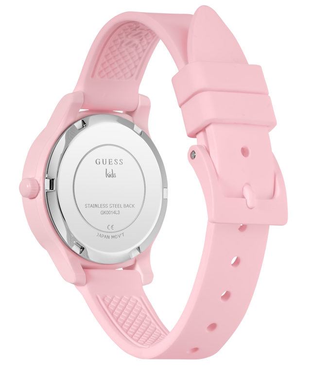 Pink GUESS Kids Pink Analog Watch with a visible brand logo on a white background