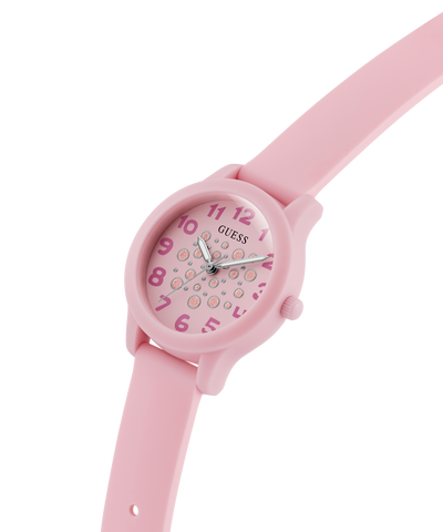 Pink children's GUESS Kids Pink Analog Watch with a colorful face on a white background lifestyle
