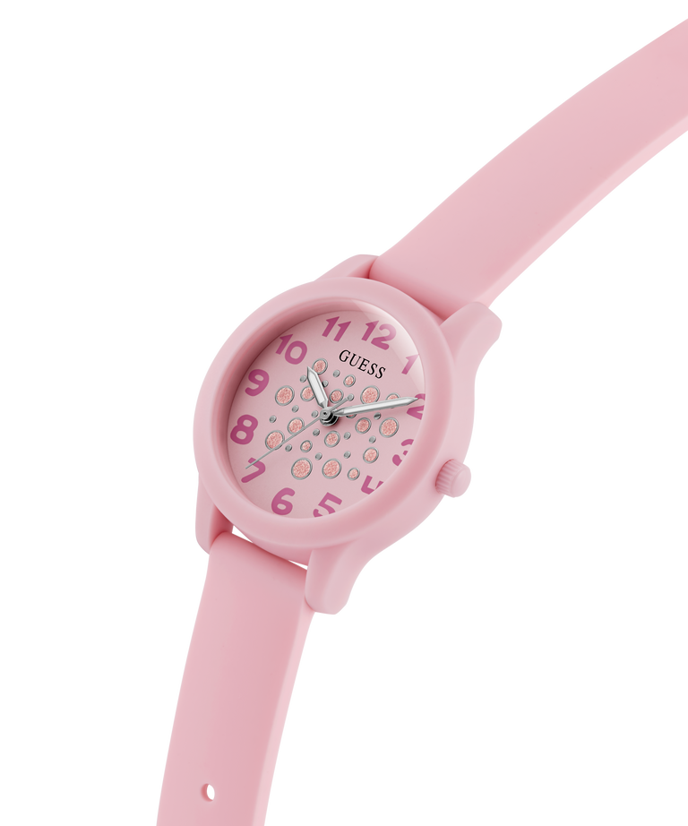 Pink children's GUESS Kids Pink Analog Watch with a colorful face on a white background lifestyle