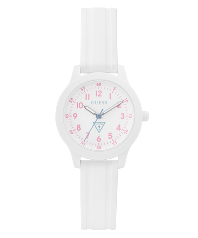White GUESS Kids White Analog Watch with pink numbers and accents on a white background