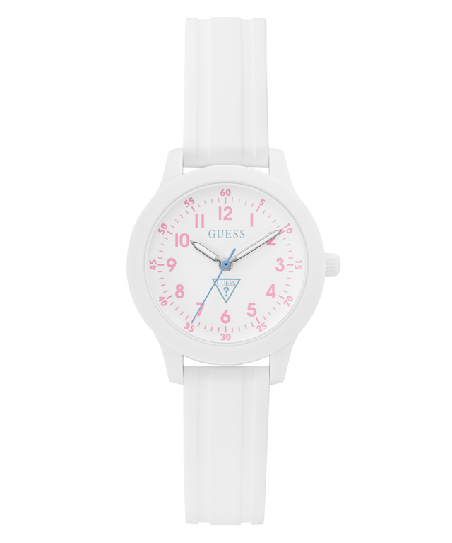 White GUESS Kids White Analog Watch with pink numbers and accents on a white background
