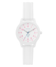 White GUESS Kids White Analog Watch with pink numbers and accents on a white background