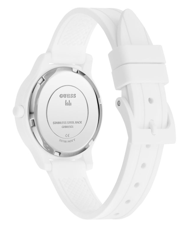 White watch with 'GUESS' branding on a white background