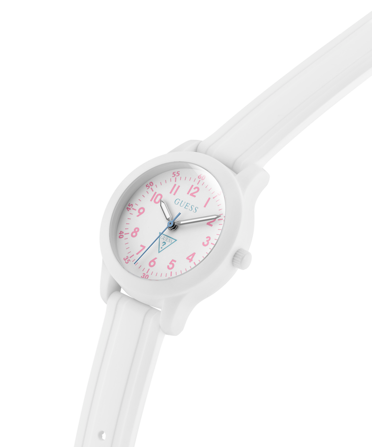 White GUESS Kids White Analog Watch with a clear background lifestyle
