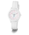 White GUESS Kids White Analog Watch with pink numbers and blue accents on a white background