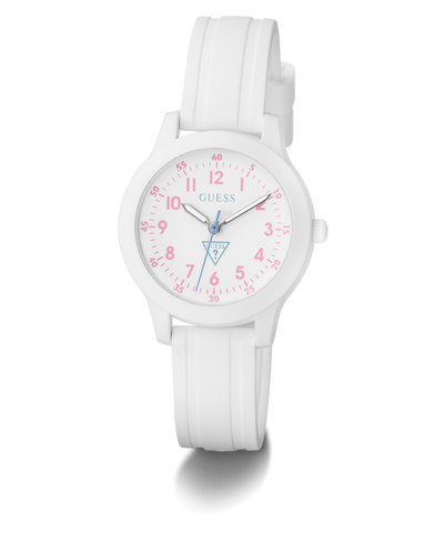 White GUESS Kids White Analog Watch with pink numbers and blue accents on a white background