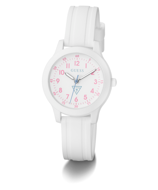 White GUESS Kids White Analog Watch with pink numbers and blue accents on a white background