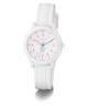 White GUESS Kids White Analog Watch with pink numbers and blue accents on a white background