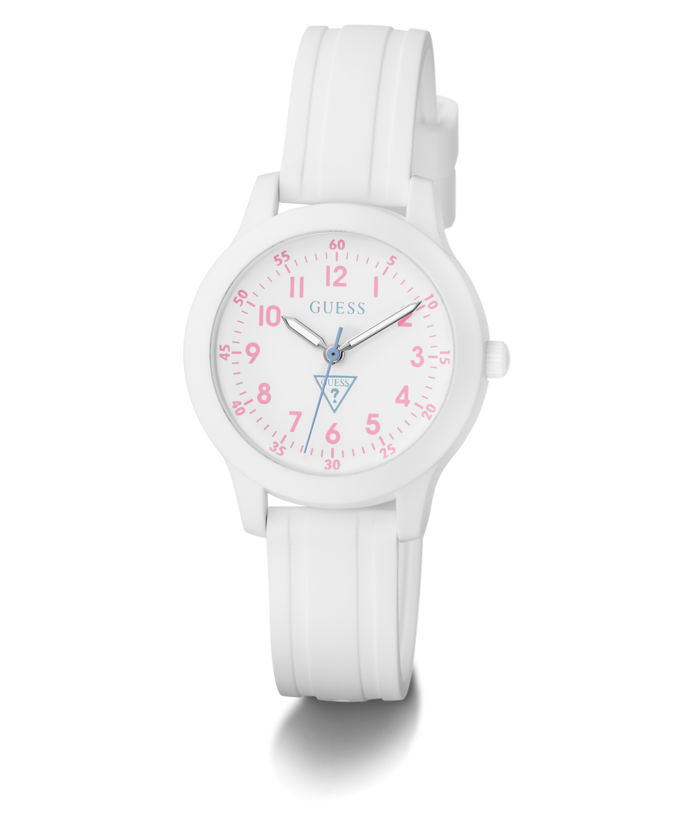 White GUESS Kids White Analog Watch with pink numbers and blue accents on a white background