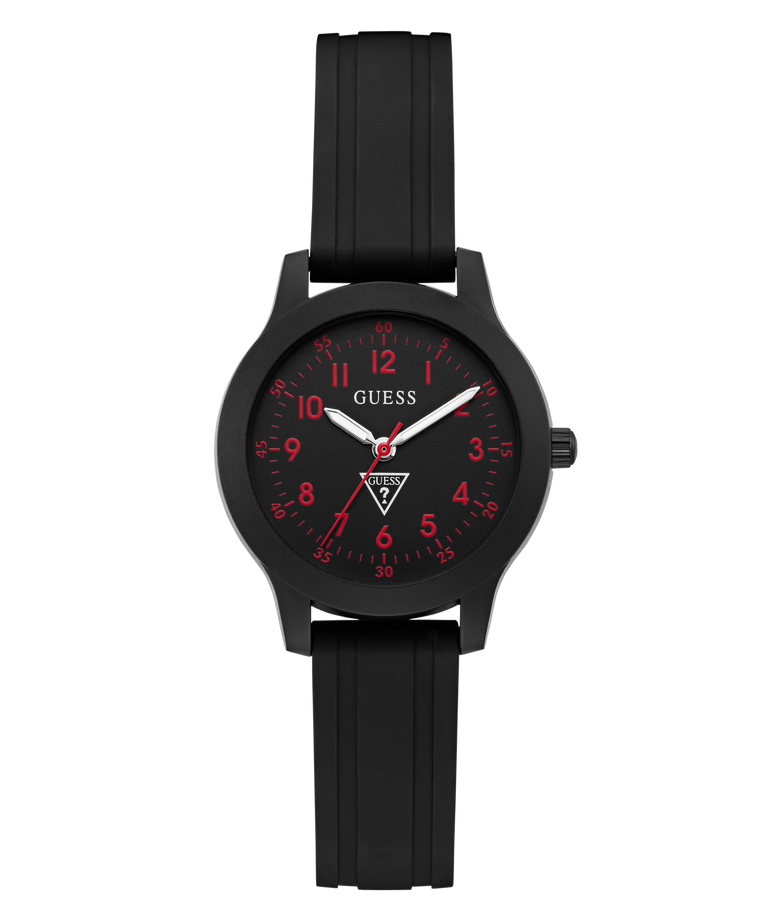Black GUESS Kids Black Analog Watch with red accents on a white background