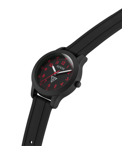 Black GUESS Kids Black Analog Watch with red accents on a white background lifestyle