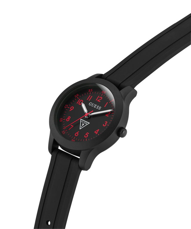 Black GUESS Kids Black Analog Watch with red accents on a white background lifestyle