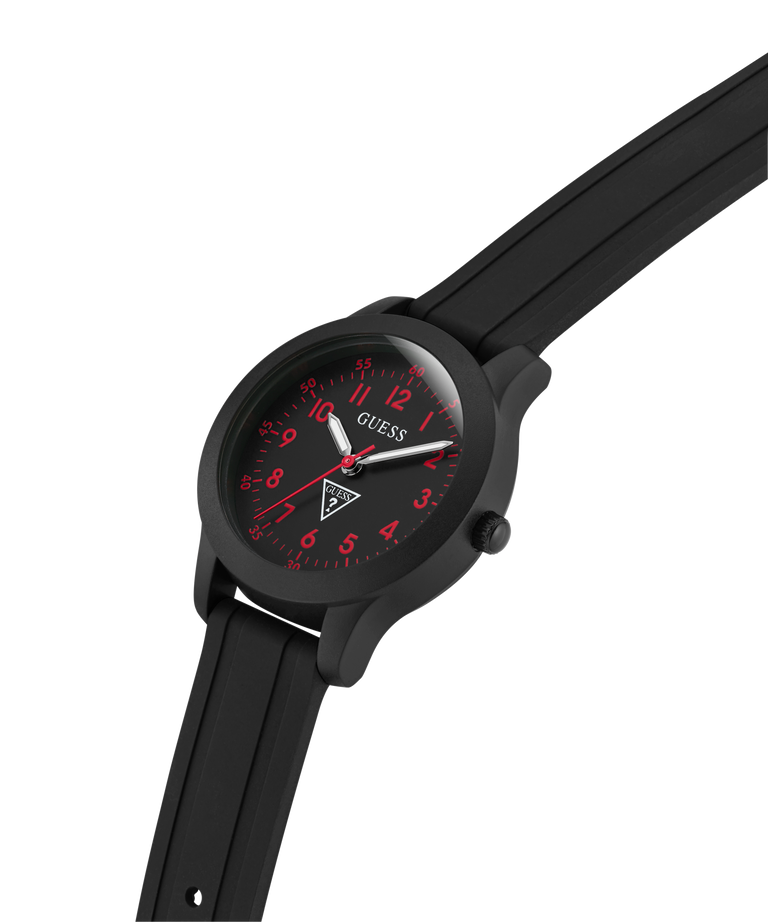 Black GUESS Kids Black Analog Watch with red accents on a white background lifestyle