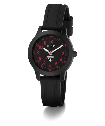 Black GUESS Kids Black Analog Watch with red accents on a white background