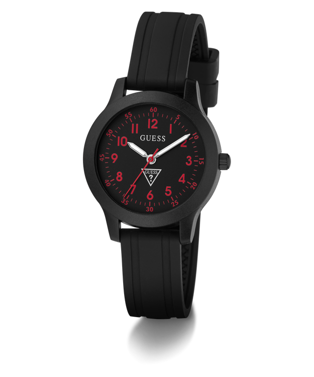 Black GUESS Kids Black Analog Watch with red accents on a white background