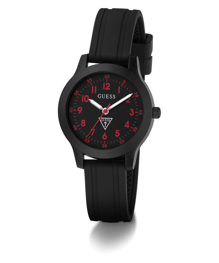 Black GUESS Kids Black Analog Watch with red accents on a white background