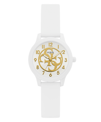 White GUESS Kids White Analog Watch with gold face on a white background