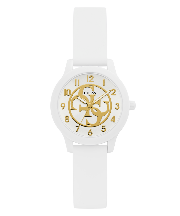 White GUESS Kids White Analog Watch with gold face on a white background
