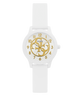 White GUESS Kids White Analog Watch with gold face on a white background