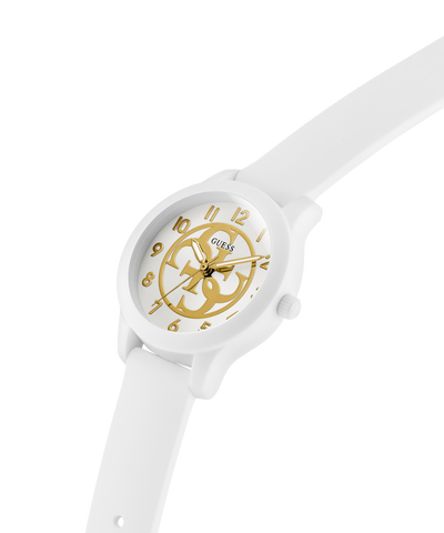 White GUESS Kids White Analog Watch with gold face on a white background lifestyle