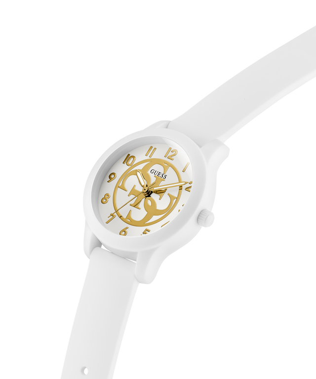 White GUESS Kids White Analog Watch with gold face on a white background lifestyle