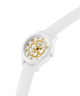 White GUESS Kids White Analog Watch with gold face on a white background lifestyle