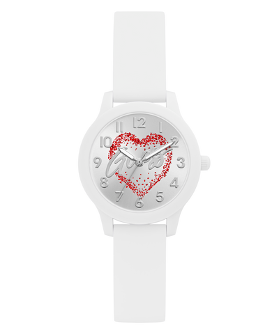 White GUESS Kids White Analog Watch with a red heart design on the dial against a white background