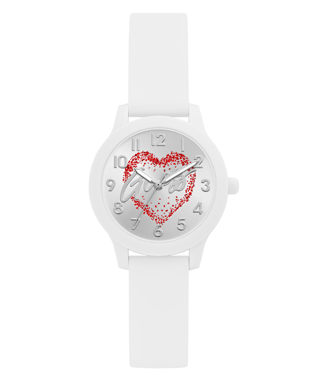 White GUESS Kids White Analog Watch with a red heart design on the dial against a white background