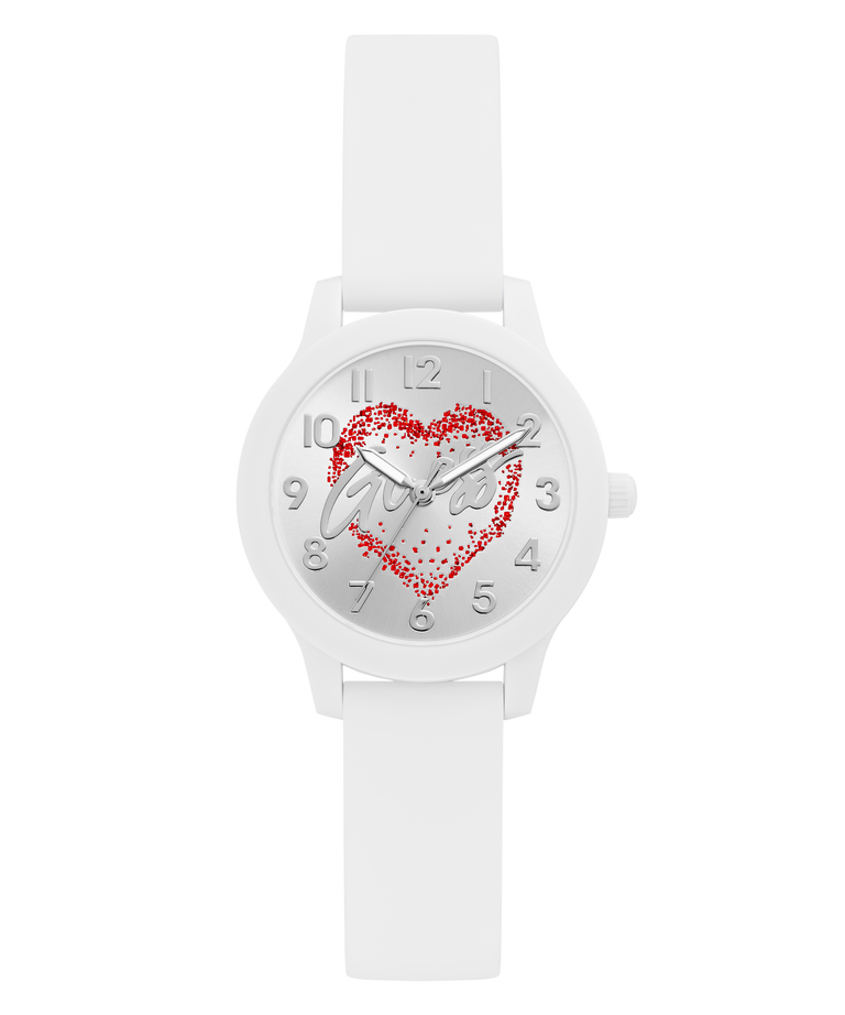 White GUESS Kids White Analog Watch with a red heart design on the dial against a white background