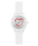 White GUESS Kids White Analog Watch with a red heart design on the dial against a white background