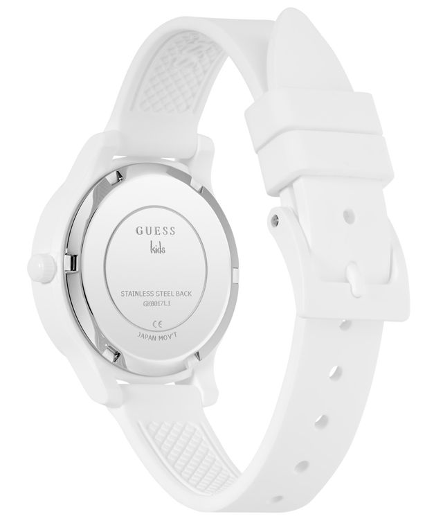 White GUESS Kids White Analog Watch with a visible brand logo on a transparent background