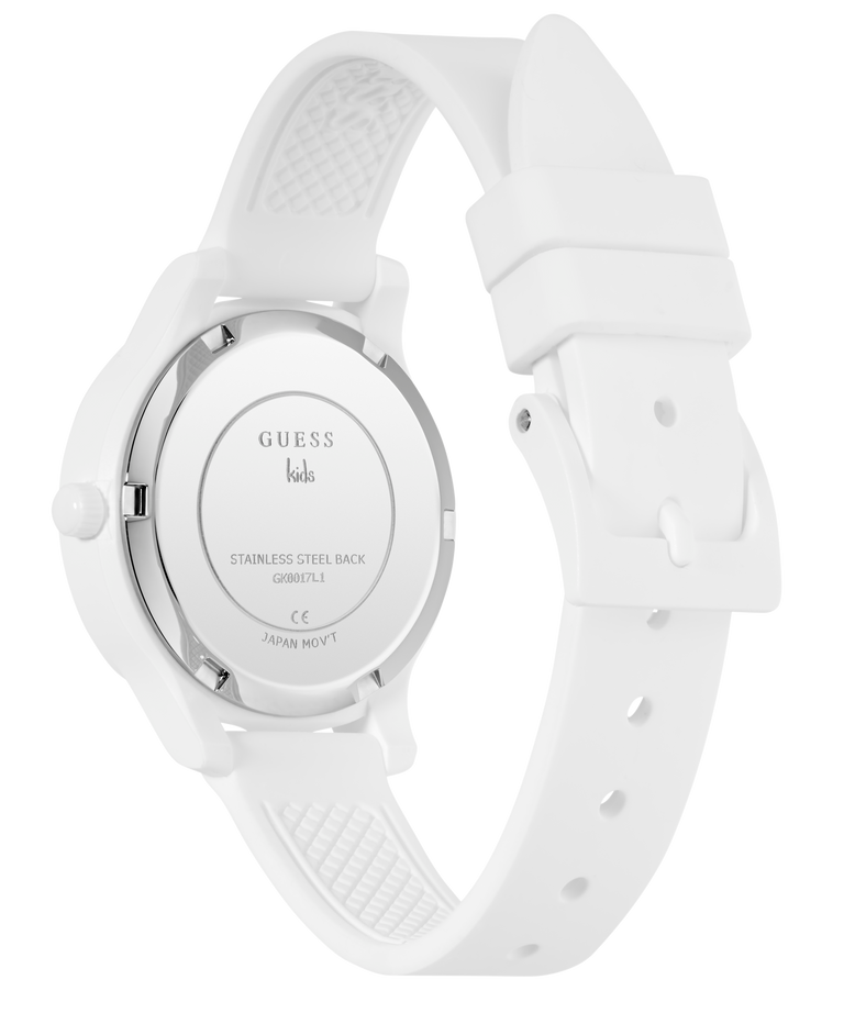 White GUESS Kids White Analog Watch with a visible brand logo on a transparent background