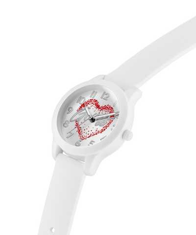 White watch with a heart design on the dial against a white background lifestyle