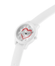 White watch with a heart design on the dial against a white background lifestyle