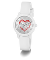 White GUESS Kids White Analog Watch with a red heart design on the dial against a white background
