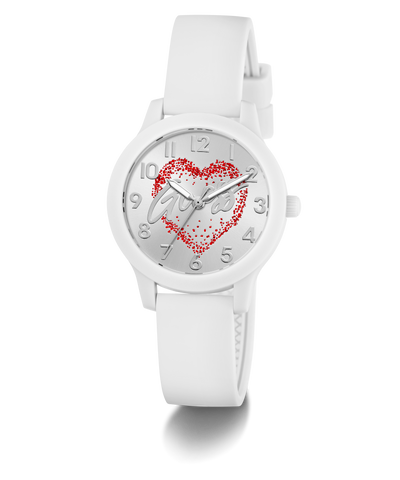 White GUESS Kids White Analog Watch with a red heart design on the dial against a white background